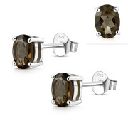 5x7mm Oval Prong-Set Smoky Quartz Stone Sterling Silver Stud Earrings - e446